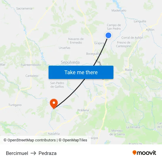Bercimuel to Pedraza map