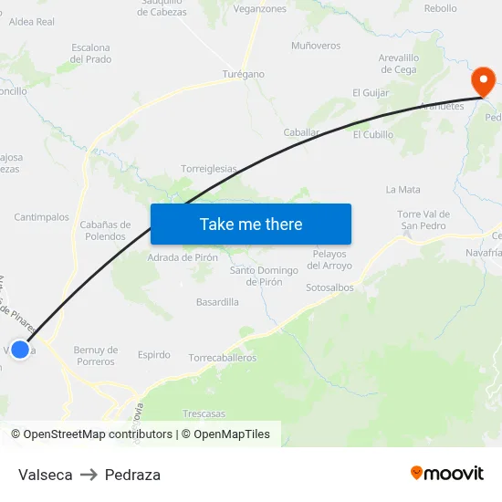Valseca to Pedraza map
