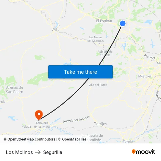 Los Molinos to Segurilla map