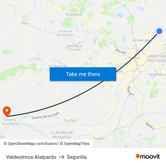 Valdeolmos-Alalpardo to Segurilla map