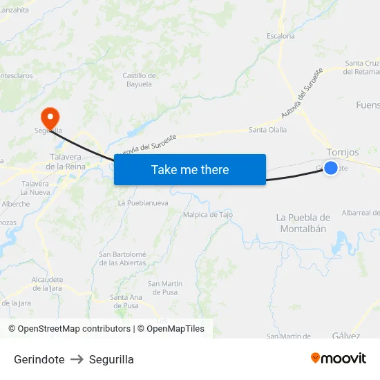 Gerindote to Segurilla map