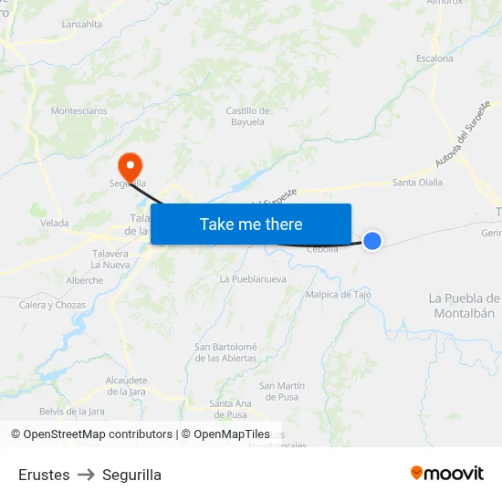 Erustes to Segurilla map