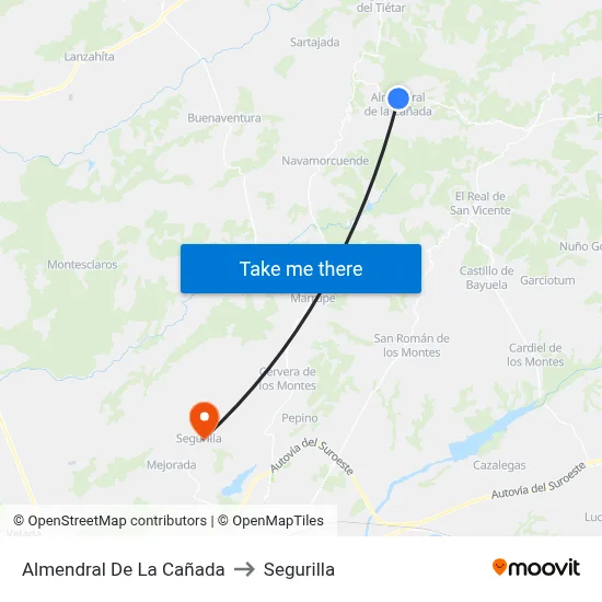 Almendral De La Cañada to Segurilla map