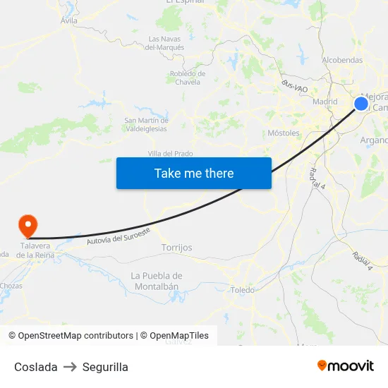 Coslada to Segurilla map