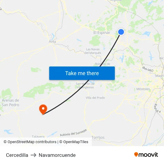 Cercedilla to Navamorcuende map