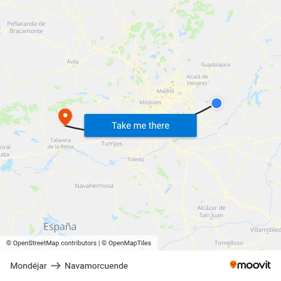 Mondéjar to Navamorcuende map