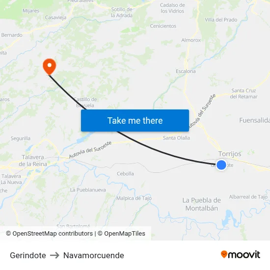 Gerindote to Navamorcuende map