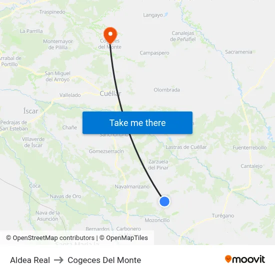 Aldea Real to Cogeces Del Monte map