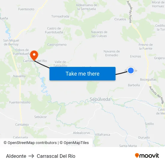 Aldeonte to Carrascal Del Río map