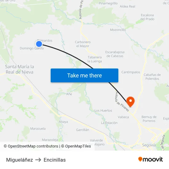 Migueláñez to Encinillas map