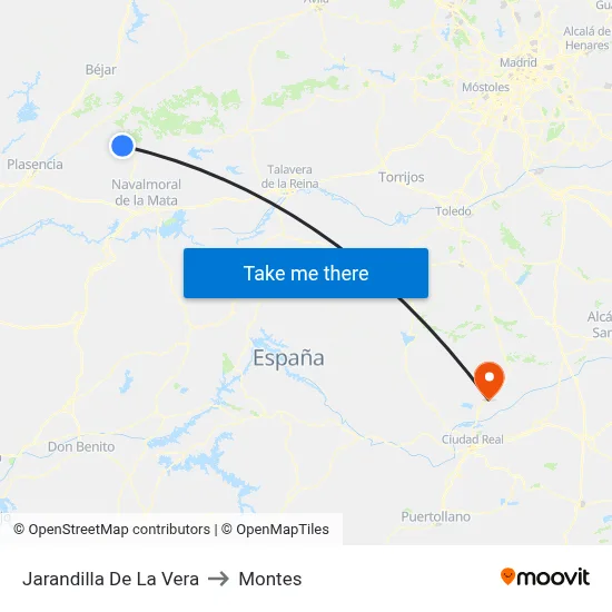 Jarandilla De La Vera to Montes map