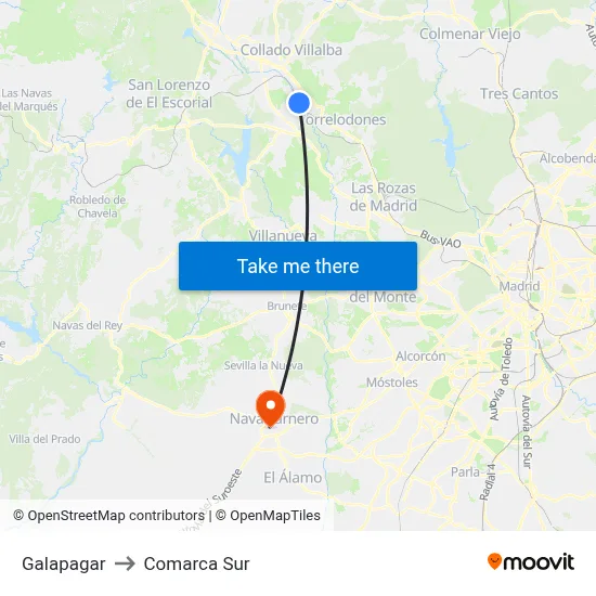 Galapagar to Comarca Sur map