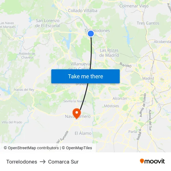 Torrelodones to Comarca Sur map