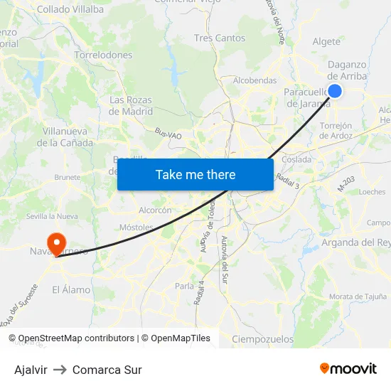 Ajalvir to Comarca Sur map
