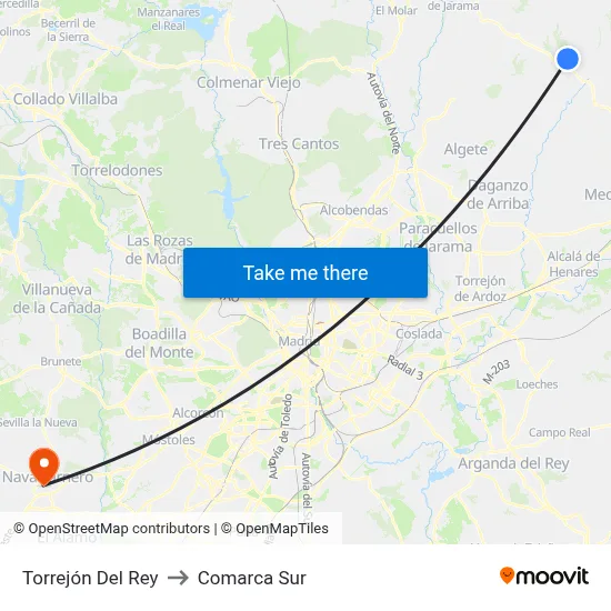 Torrejón Del Rey to Comarca Sur map