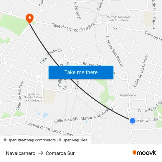 Navalcarnero to Comarca Sur map