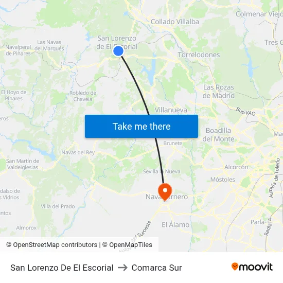 San Lorenzo De El Escorial to Comarca Sur map