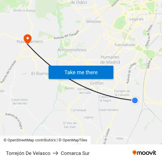 Torrejón De Velasco to Comarca Sur map