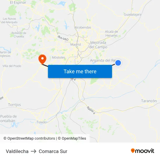 Valdilecha to Comarca Sur map