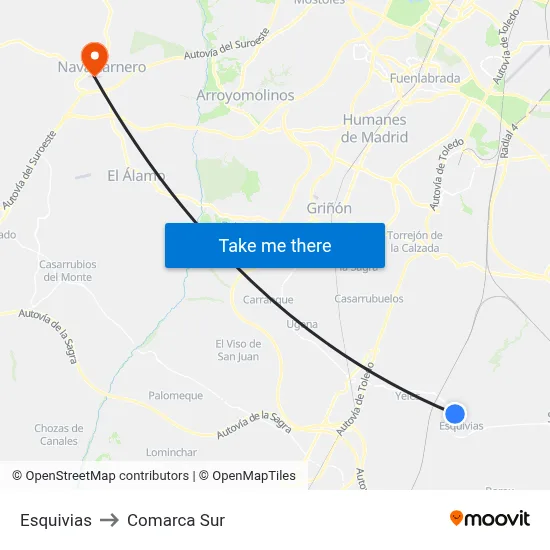 Esquivias to Comarca Sur map