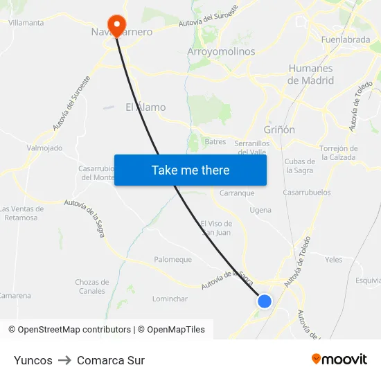 Yuncos to Comarca Sur map