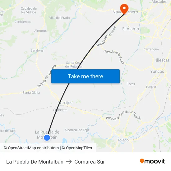 La Puebla De Montalbán to Comarca Sur map