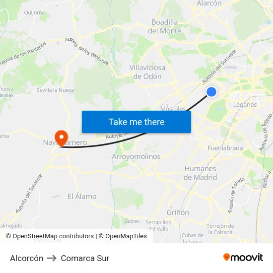 Alcorcón to Comarca Sur map