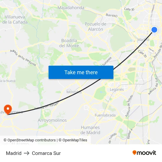 Madrid to Comarca Sur map