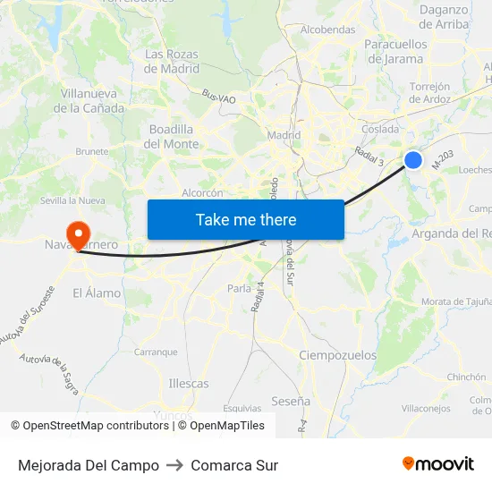 Mejorada Del Campo to Comarca Sur map