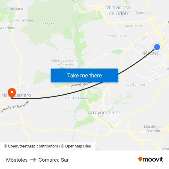 Móstoles to Comarca Sur map