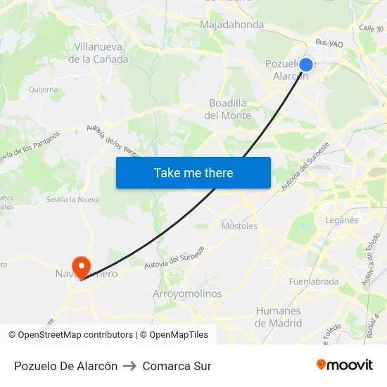 Pozuelo De Alarcón to Comarca Sur map