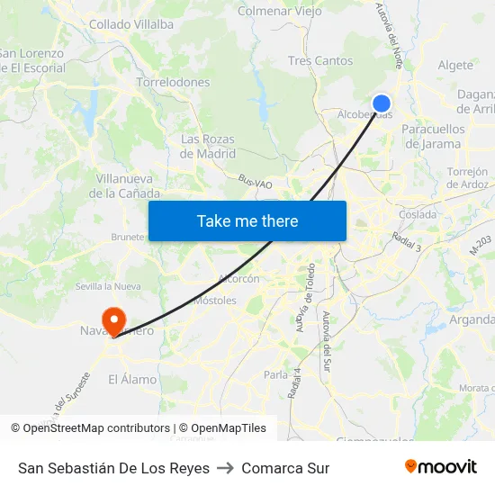 San Sebastián De Los Reyes to Comarca Sur map