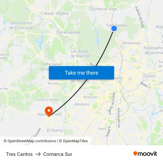 Tres Cantos to Comarca Sur map