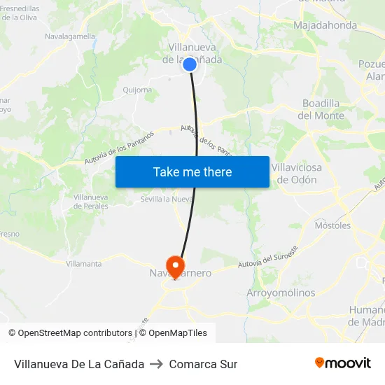 Villanueva De La Cañada to Comarca Sur map