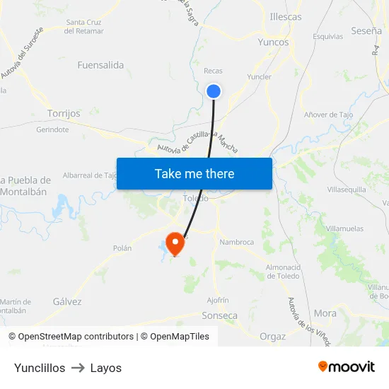 Yunclillos to Layos map