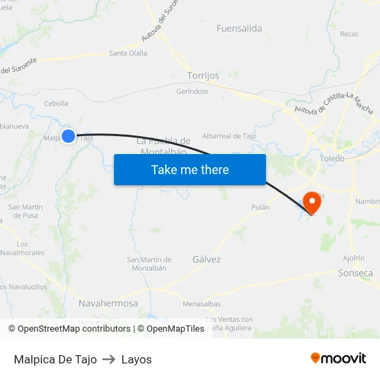 Malpica De Tajo to Layos map