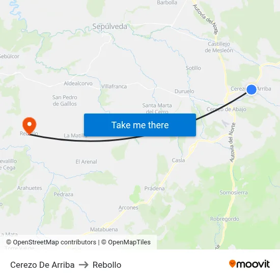 Cerezo De Arriba to Rebollo map