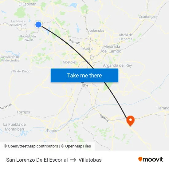 San Lorenzo De El Escorial to Villatobas map