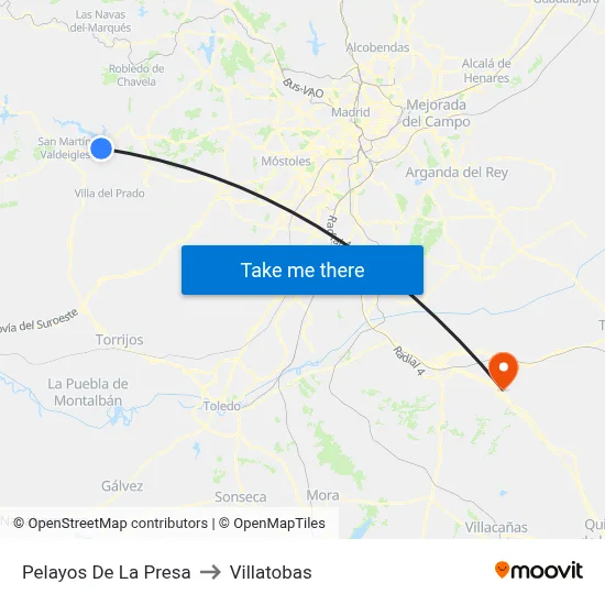 Pelayos De La Presa to Villatobas map