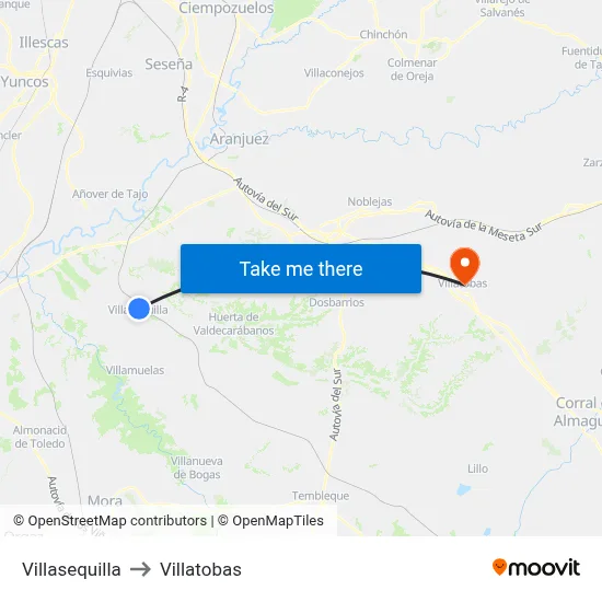 Villasequilla to Villatobas map