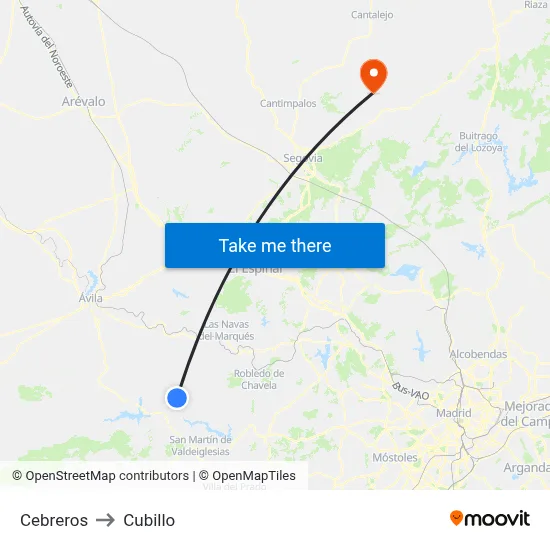 Cebreros to Cubillo map
