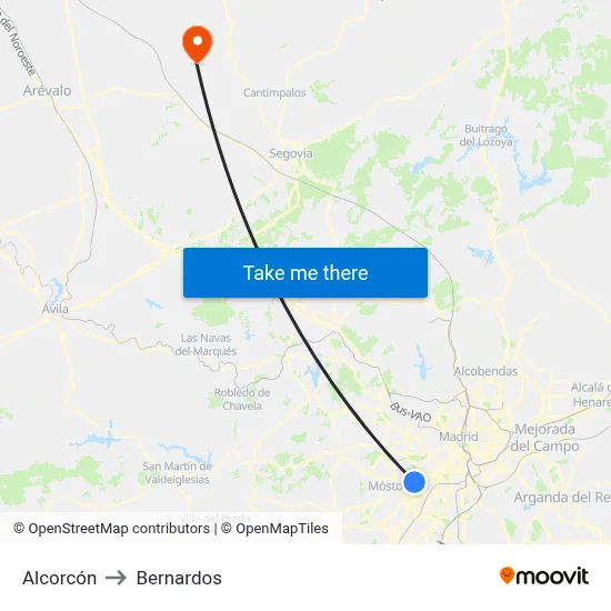 Alcorcón to Bernardos map