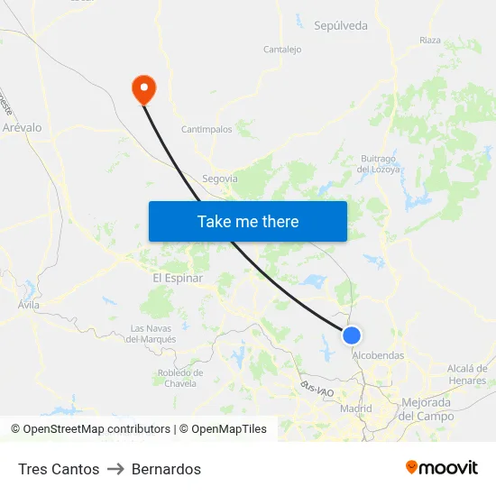 Tres Cantos to Bernardos map