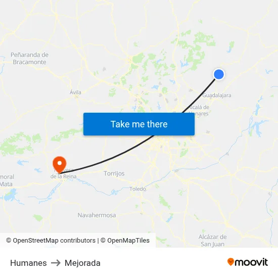 Humanes to Mejorada map