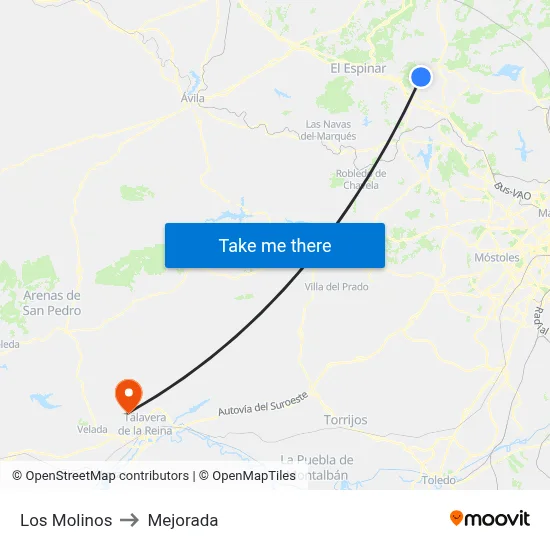 Los Molinos to Mejorada map