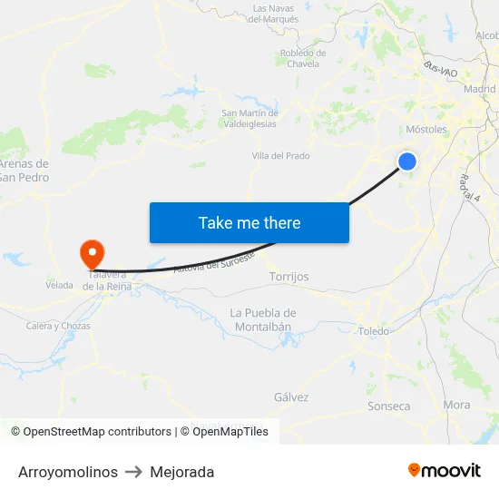 Arroyomolinos to Mejorada map