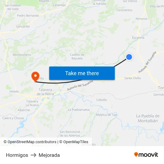 Hormigos to Mejorada map