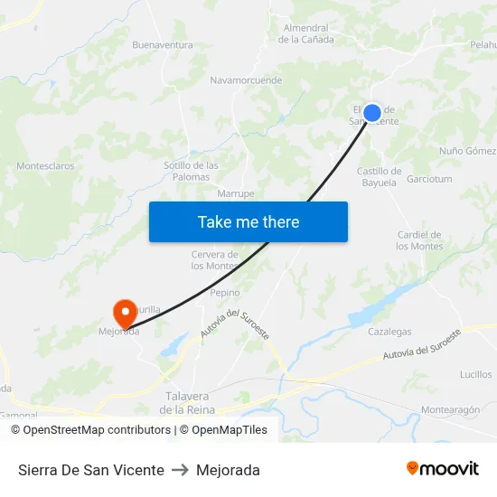 Sierra De San Vicente to Mejorada map
