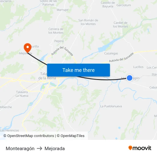 Montearagón to Mejorada map