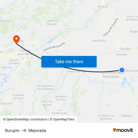 Burujón to Mejorada map
